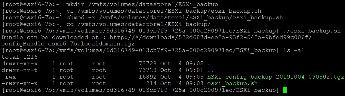 An ESXi configuration backup file is created