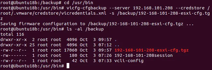 Backup de la configuración del host ESXi utilizando el archivo de sesión para la autenticación.