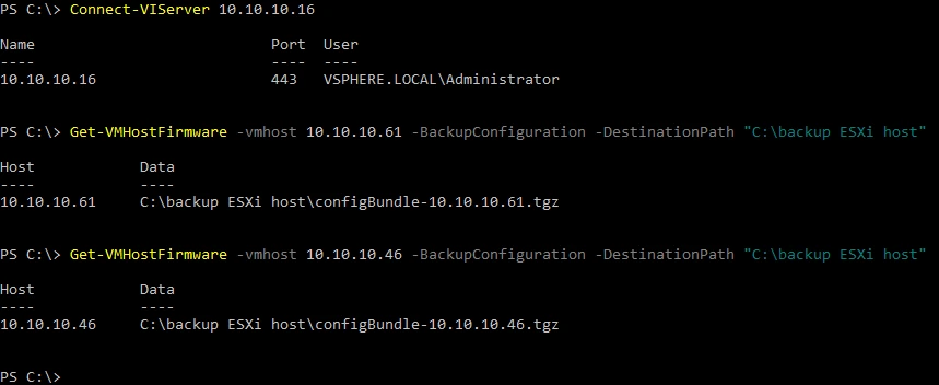 How to back up configuration of each ESXi host in PowerCLI.