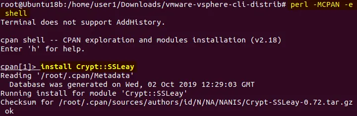 Manual installation of Perl modules to back up ESXi configuration.