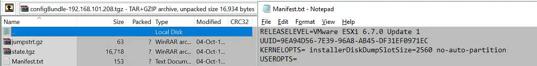 The ESXi UUID is stored in the Manifest.txt file inside the configBundle.tgz file