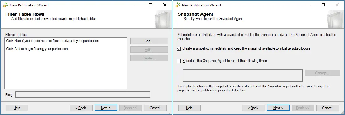 Filter options and Snapshot Agent options