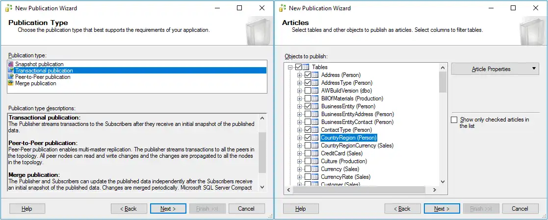 Selecting the transactional publication type and articles