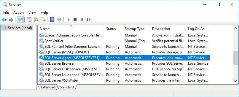 SQL Server Agent is running and starts automatically after Windows boot