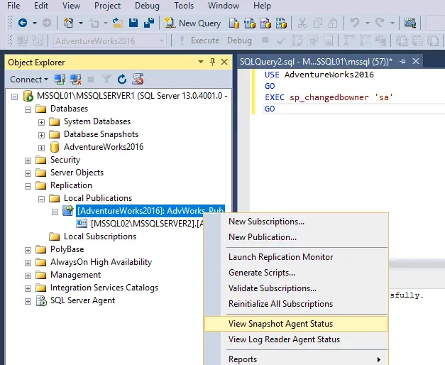 Viewing Snapshot Agent Status to run database replication in SQL Server