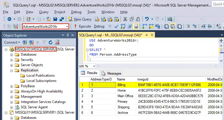 Viewing the content of the table of the second database that will be used as a database replica