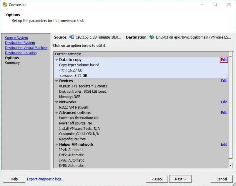 Edición de parámetros VM para la tarea de conversión en VMware vCenter Converter