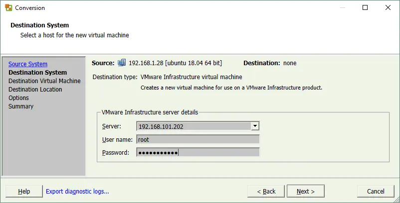 Selecting a destination ESXi host to store the Linux VM