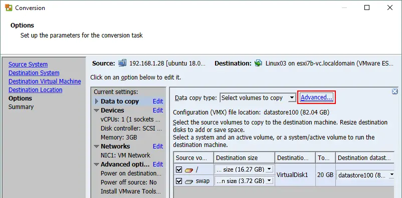 Selección de la vista avanzada para ampliar particiones de una máquina virtual Linux en el convertidor VMware