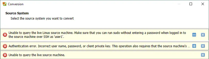 Unable to query the live Linux source machine and similar VMware converter errors