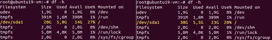 Viewing the size of a partition before and after changing disk partition size