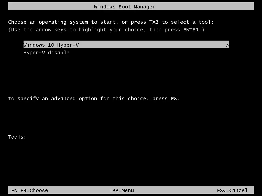 How to disable Hyper-V Windows 10 – selecting options in the boot menu