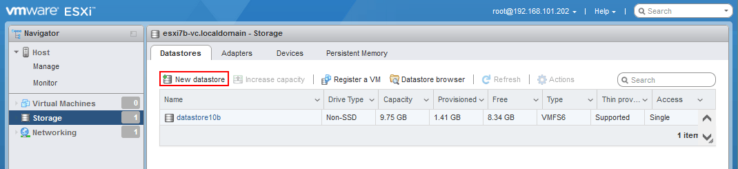 Creating a new datastore to mount the NFS as a datastore