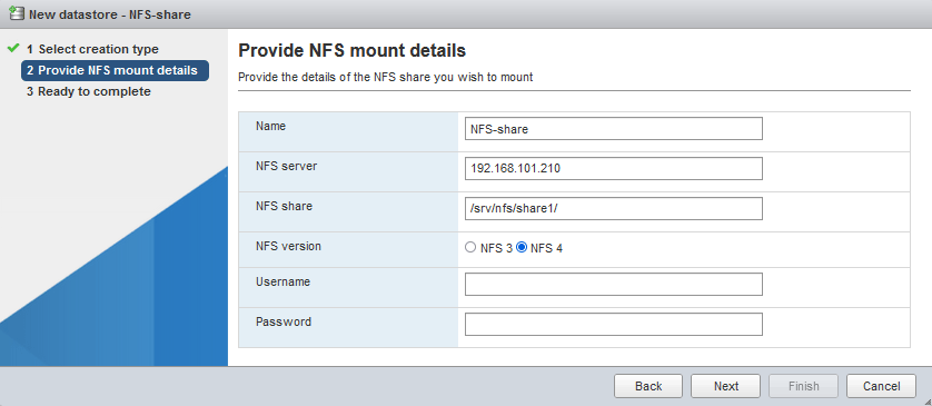Introducción de los detalles para montar un almacén de datos NFS en ESXi