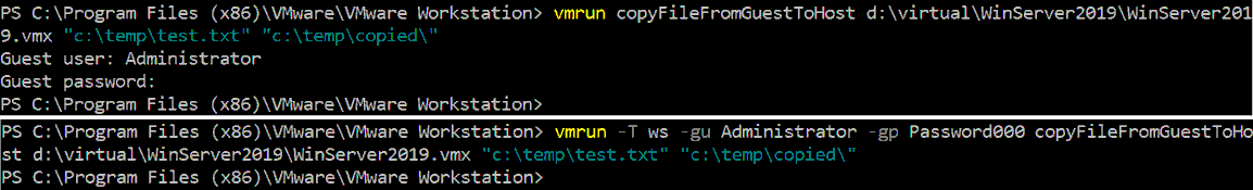 How to transfer files from VM to host by using the vmrun command