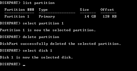 Selecting the first partition on a USB flash drive in Diskpart