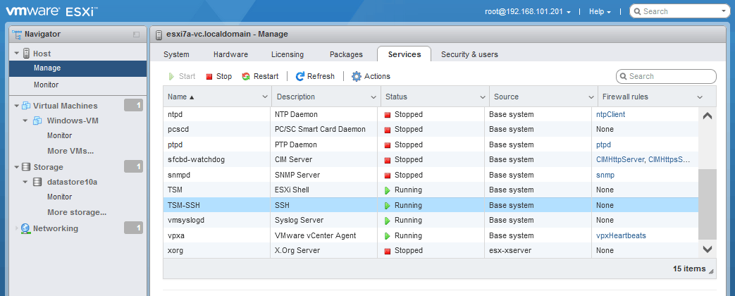 Starting the SSH server service on an ESXi host to allow remote management in the command line