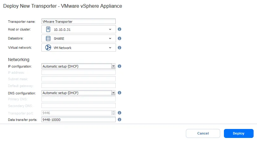 How to deploy a Transporter remotely from the NAKIVO web interface