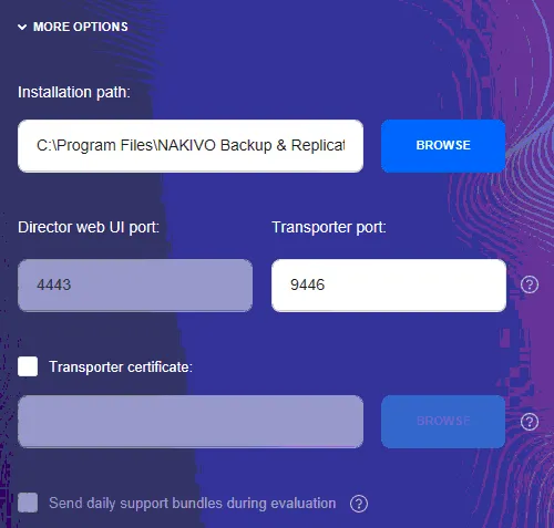 Options to select the installation path, Transporter port and certificate