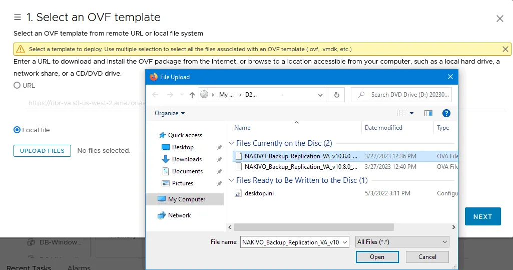 Uploading the OVA file to deploy the Transporter appliance in VMware vSphere Client