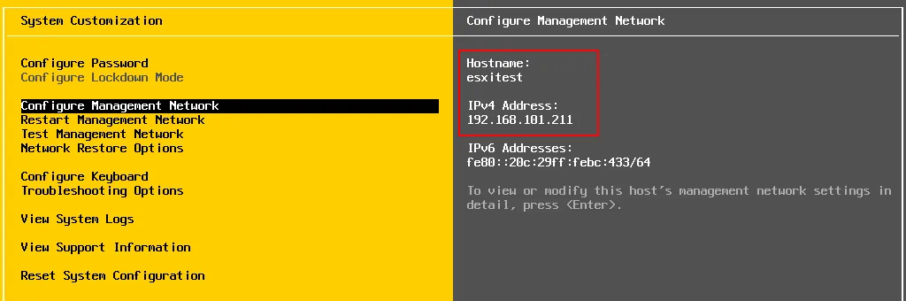 A hostname and IP address have been set in the ESXi host configuration