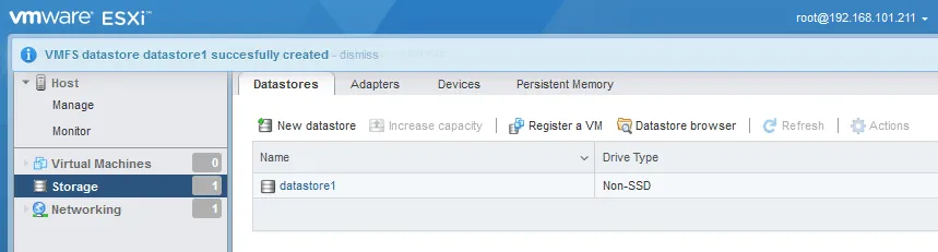 A new datastore has been created on an ESXi host