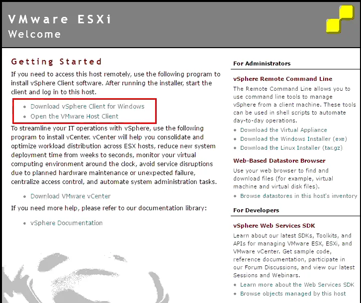 A welcome screen is displayed when connecting to an ESXi host