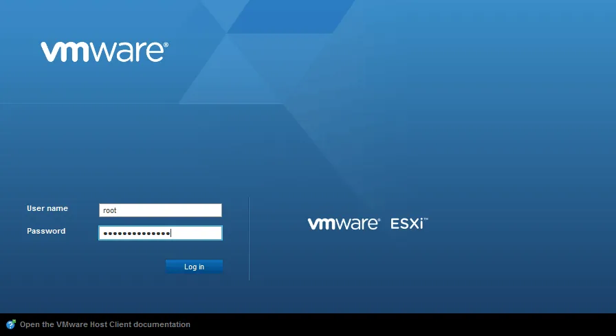 Log in to VMware Host Client for VMware ESXi configuration