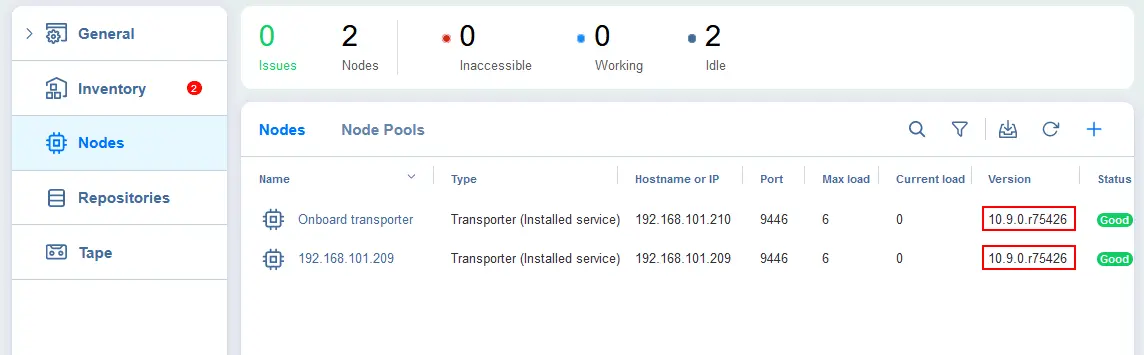 Comprobación de la versión de los transportadores NAKIVO en la interfaz web del Director