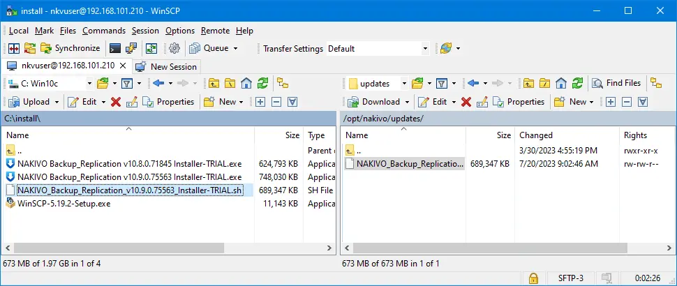 Copying the NAKIVO installer or updater file to the remote Linux machine in WinSCP