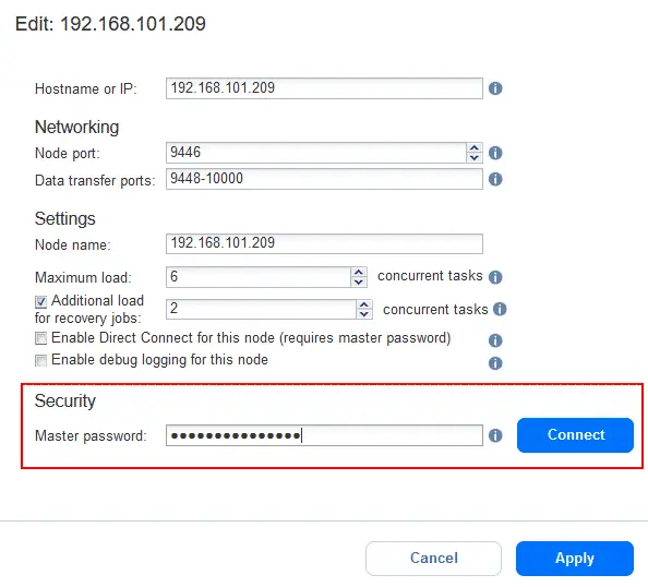 Introducir la contraseña maestra para conectar correctamente el Director al Transporter tras la actualización.