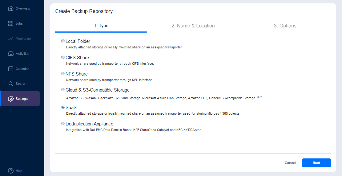 Selecting SaaS as a backup repository type