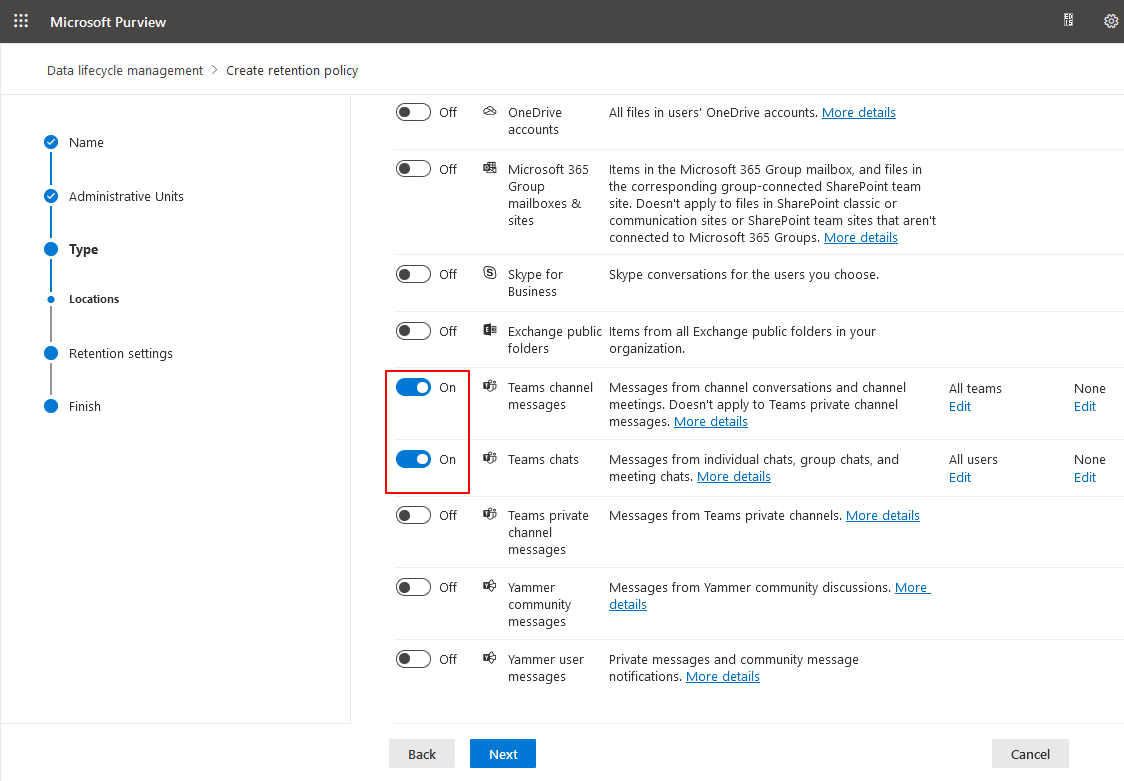 Selecting Teams Channel Messages and Teams chats to create a retention policy