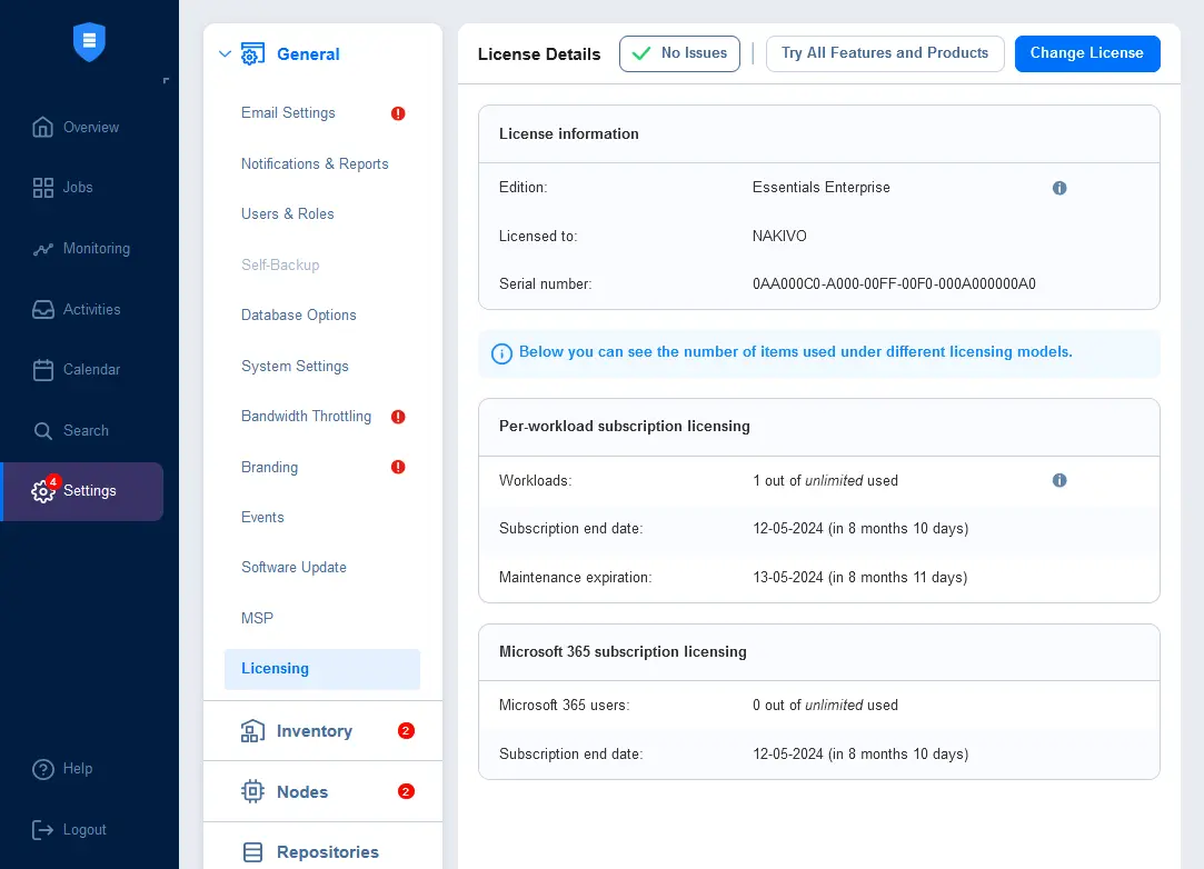 Viewing the details of the installed subscription license in NAKIVO Backup & Replication