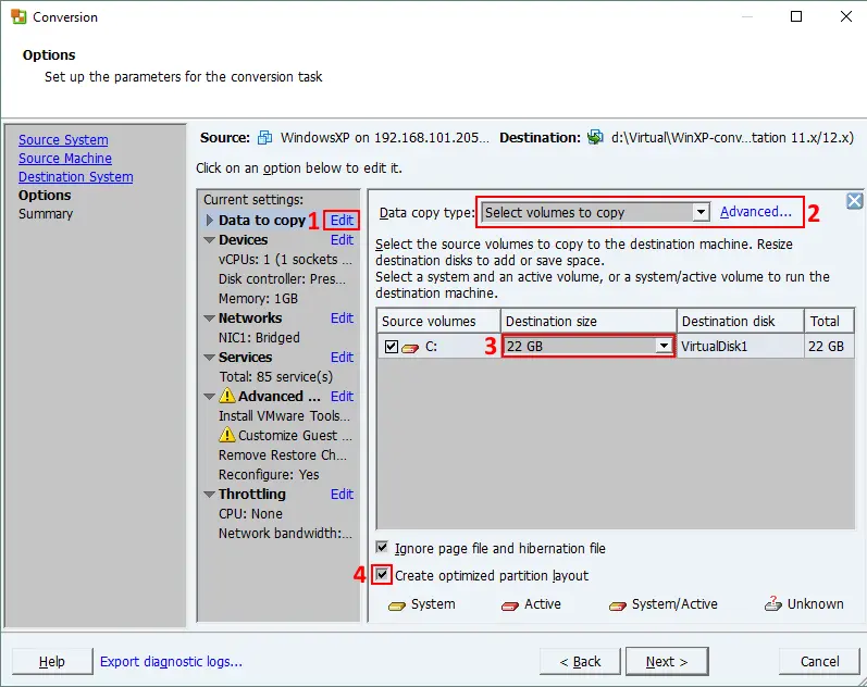 Changing disk partition size for a Windows VM in VMware Converter