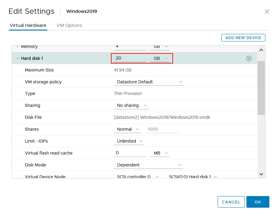 Editing the virtual disk size in VMware vSphere Client