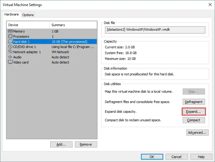 How to expand the virtual disk size of a VM in VMware Workstation