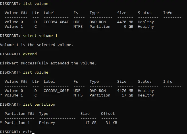 Cómo extend tamaño de la partición en Windows utilizando diskpart