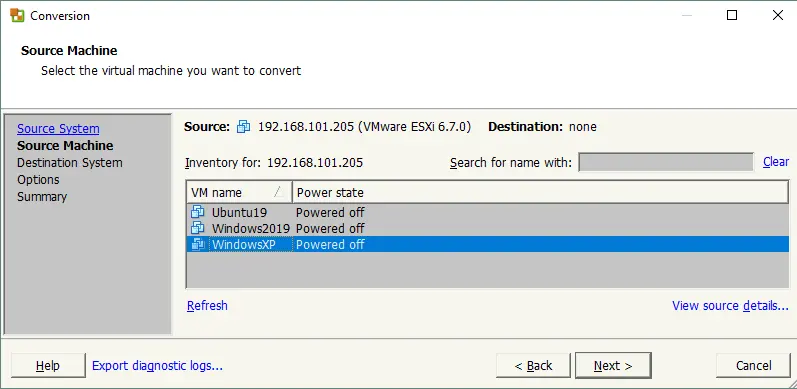 Selecting a source virtual machine to convert for changing disk partition size