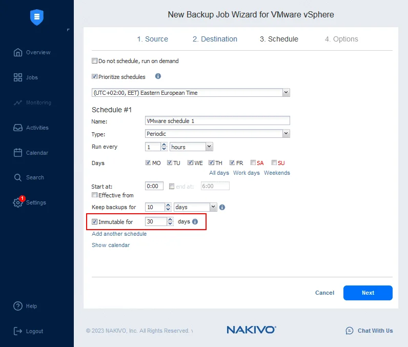 Backup to storage with data immutability in NAKIVO Backup & Replication