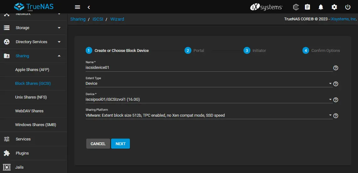 Choosing a block device to create a new iSCSI share in TrueNAS Core