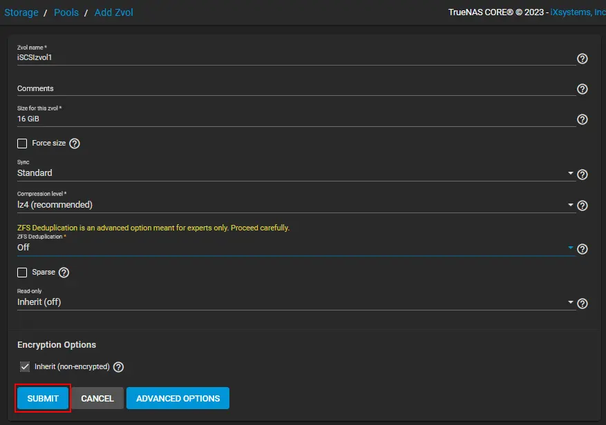 Configuration of a new zvol in TrueNAS Core