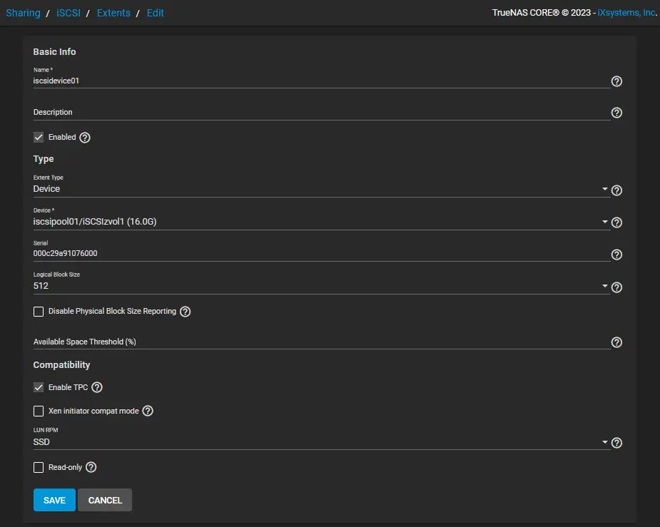 Configuración de extensiones para la configuración iSCSI en TrueNAS Core