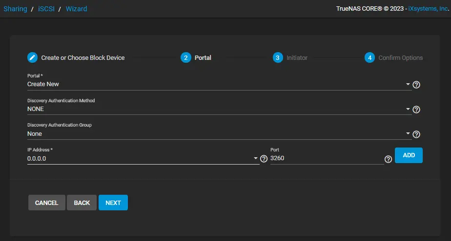 Configuring iSCSI portal options in TrueNAS Core