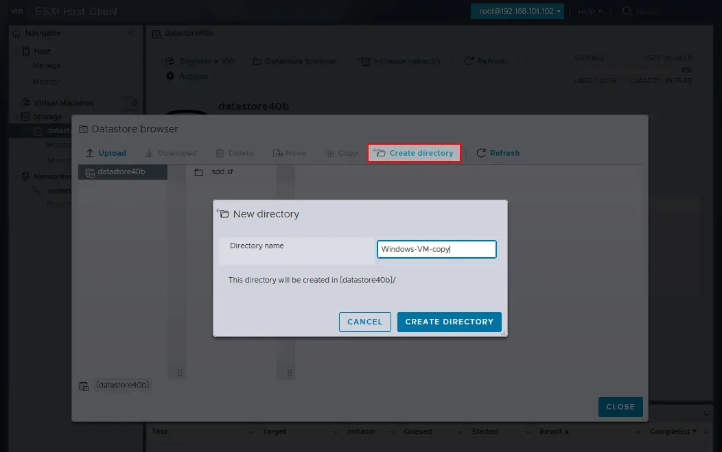 Creating a new VM directory to migrate a VM to this directory