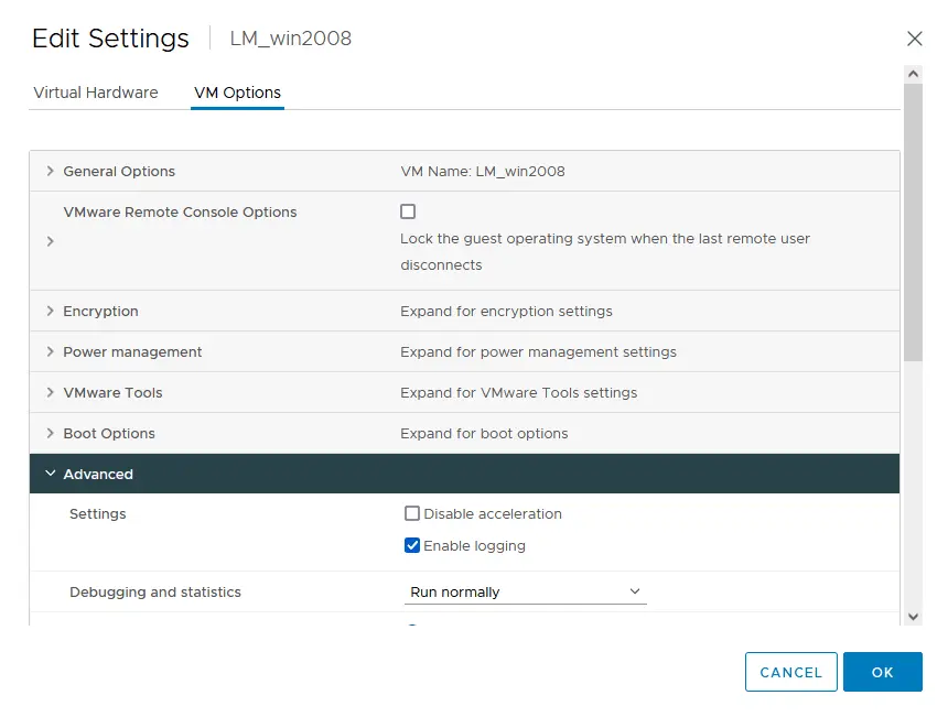 How to enable or disable VMware logging for a VM