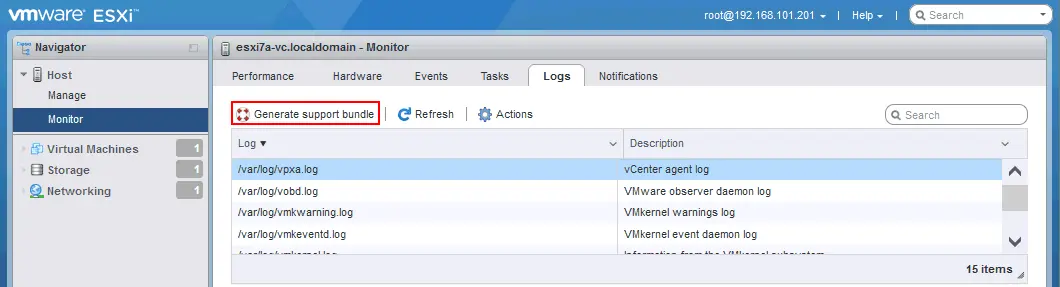 Cómo generar un paquete de asistencia con registros de ESXi en VMware Host Client