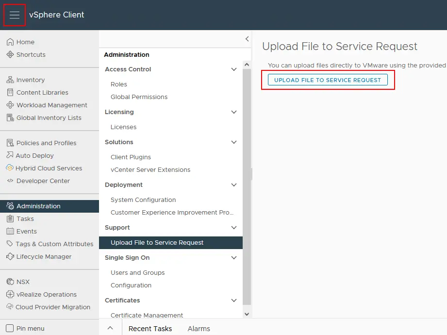 How to upload a file to a service request in VMware vSphere Client