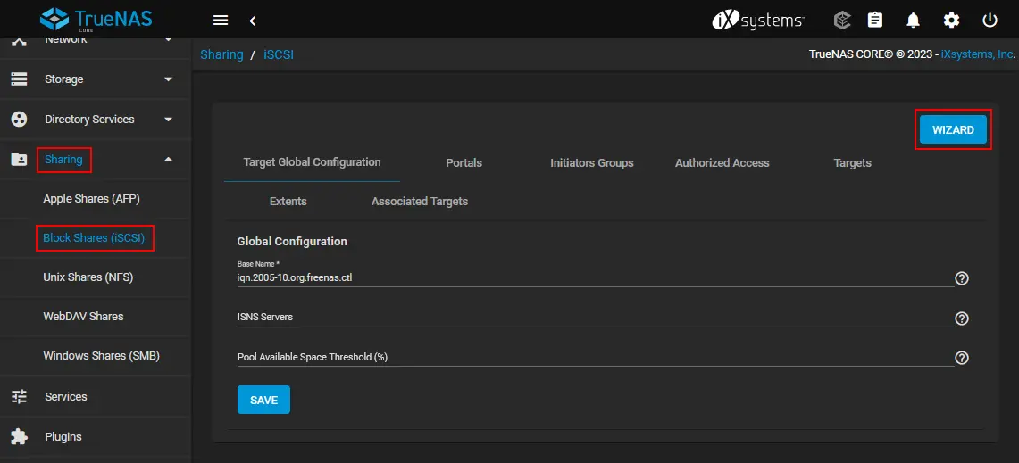 Opening a wizard to create a new iSCSI block share in TrueNAS Core