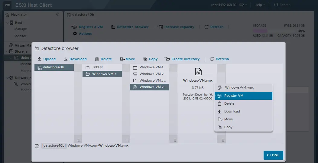 Registering the VM on the destination ESXi host to finish VM migration